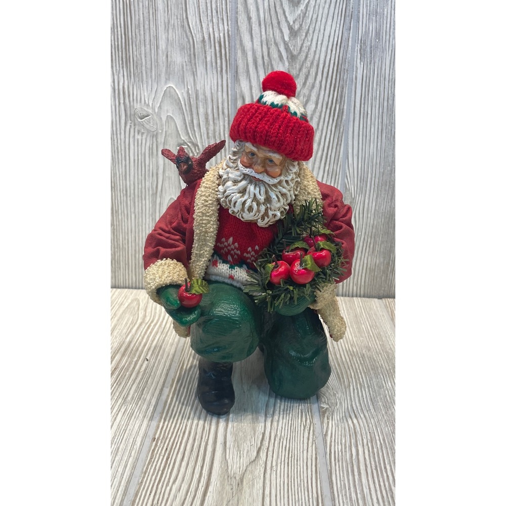 Midwest of Cannon Falls Vintage Santa Figurine Kneeling with Apples and Cardinal